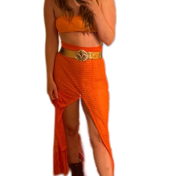 Vintage front slit mesh bright orange fringe bottom maxi sheet cover up skirt - Picture 3 of 8